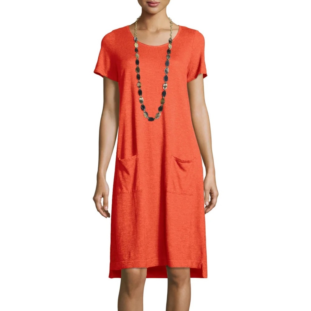 Eileen Fisher Short-Sleeve Round-Neck Pocket Dress. Size XXS. Organic cotton
